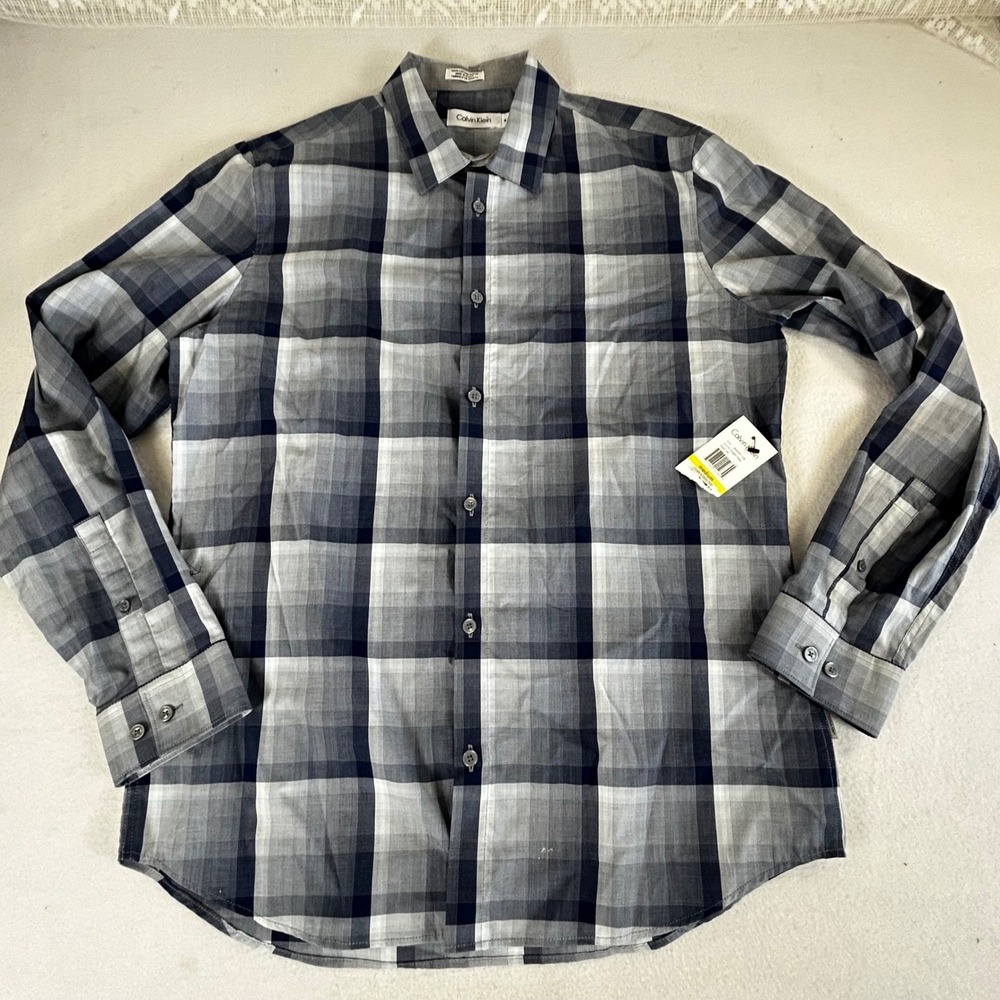 New‎ Calvin Klein Mens Knight Blue Plaid Button Down Shirt 100% Cotton  Medium